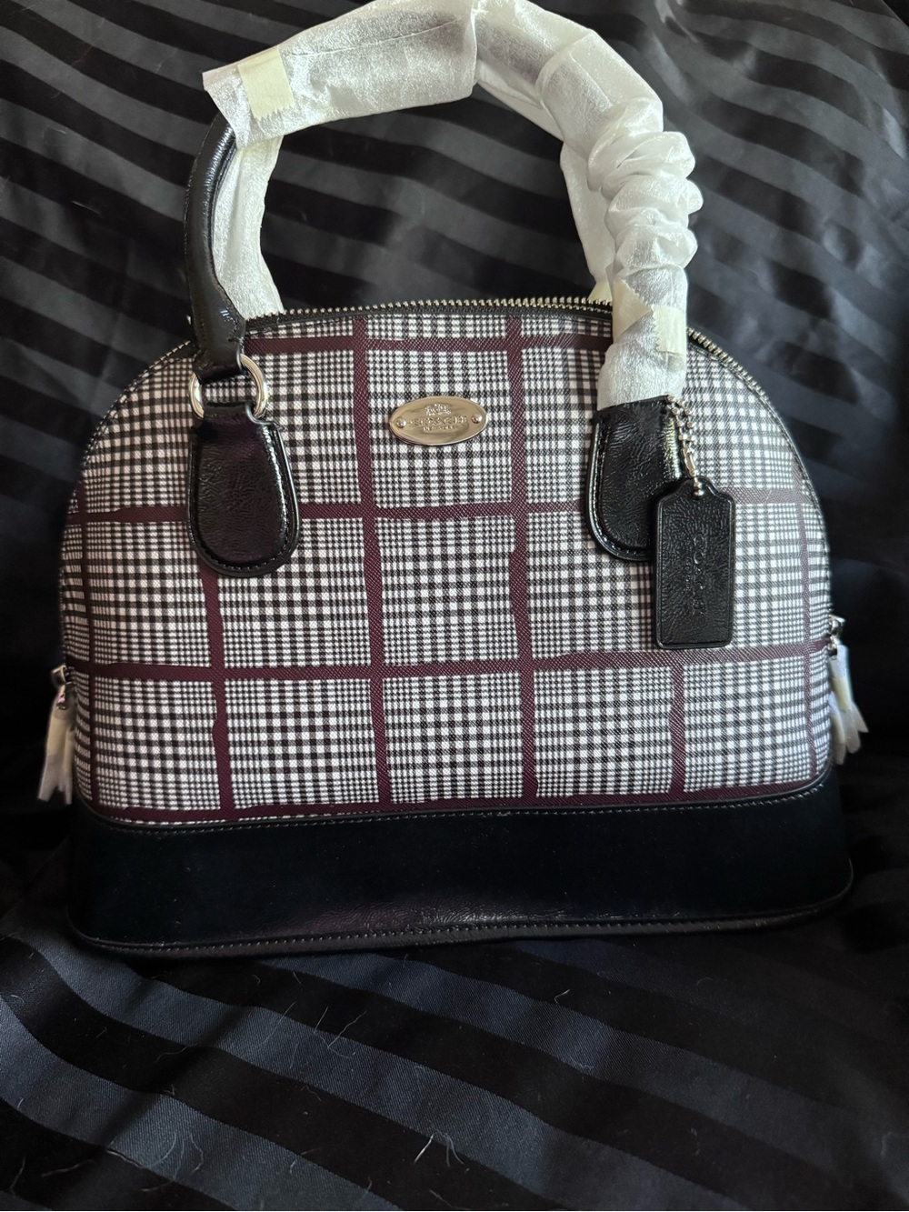 Coach Burgundy Glen CORA Plaid Satchel with Black Accents